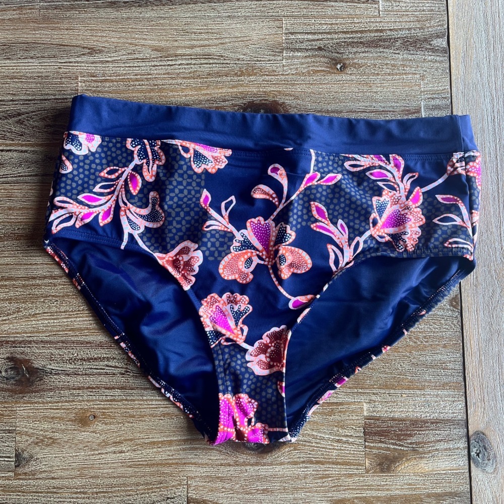 Lands End Womens Navy Blue Floral High Waisted Bikini Swim Bottoms Size 14
